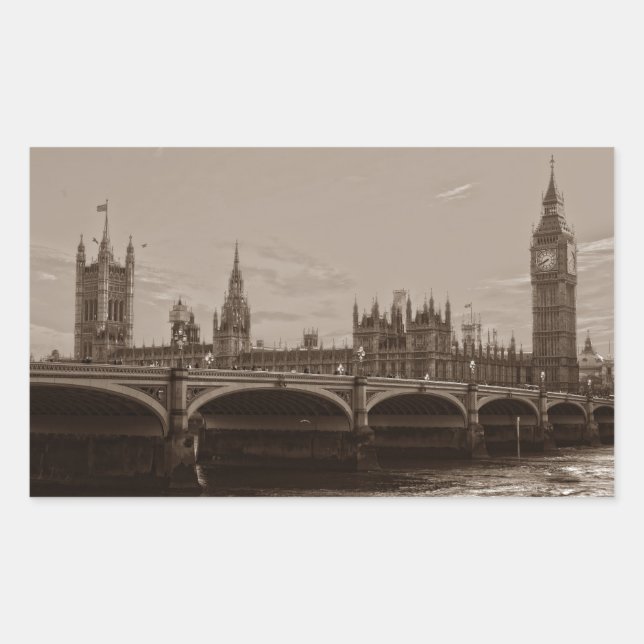 Pegatina Rectangular Sepia Big Ben Tower Palace de Westminster (Anverso)