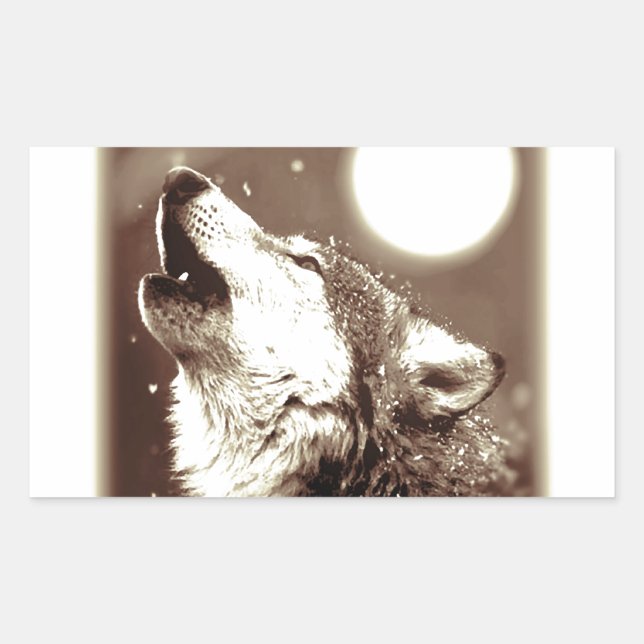 Pegatina Rectangular Sepia Wolf & Moon (Anverso)