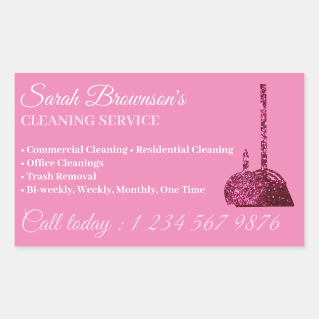 Pegatina Rectangular Servicio de Limpieza Janitorial Pink Glitz Glam (Anverso)