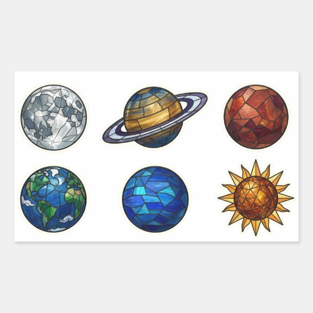 Pegatina Rectangular Set de Stickers de Planetas Celestiales de Vidrio  (Anverso)