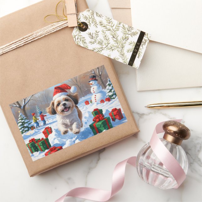 Pegatina Rectangular Shih Tzu corre en Nieve con Gorra Navidad (Regalar)