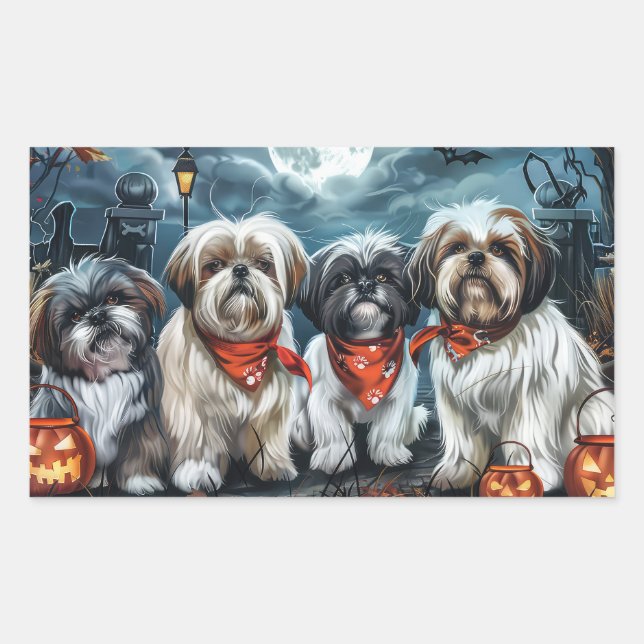 Pegatina Rectangular Shih Tzu Halloween Espeluznante (Anverso)
