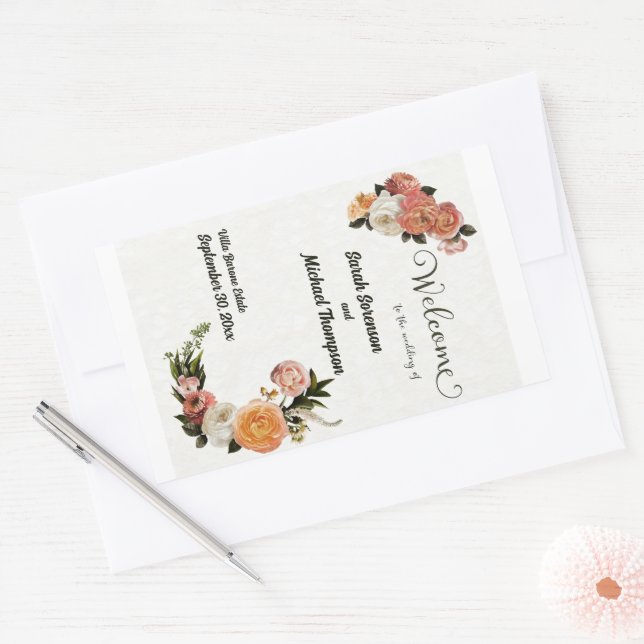 Pegatina Rectangular Signo de bienvenida boda Floral personalizada (Sobre)