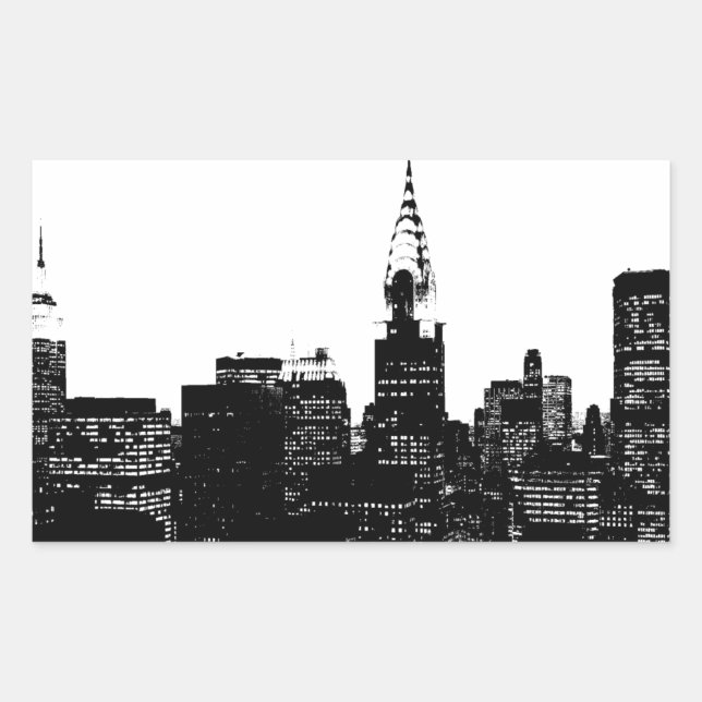 Pegatina Rectangular Silhouette de Nueva York en blanco y negro (Anverso)