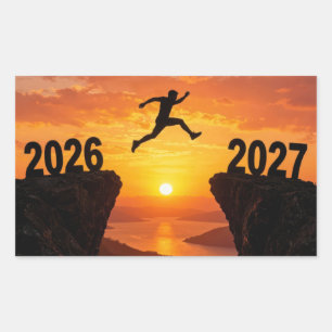 Pegatina Rectangular Silueta de Año Nuevo 2027 saltando un acantilado