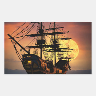 Pegatina Rectangular Silueta de barco pirata épico Atardecer Luna Grand