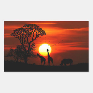 Pegatina Rectangular Siluetas africanas del animal de la puesta del sol