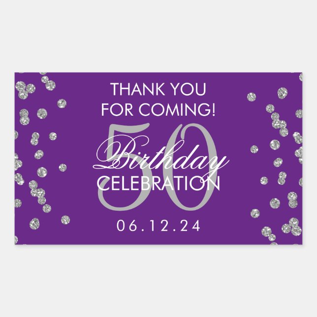 Pegatina Rectangular Silver 50 cumpleaños Gracias Confetti Purple (Anverso)