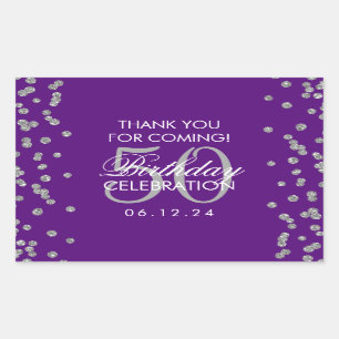 Pegatina Rectangular Silver 50 cumpleaños Gracias Confetti Purple
