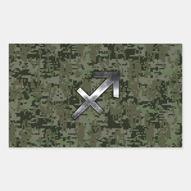 Pegatina Rectangular Silver Sagittarius Zodiac Woodland Camo Digital (Anverso)