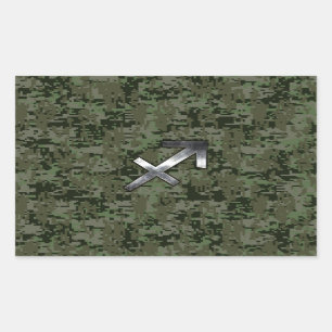 Pegatina Rectangular Silver Sagittarius Zodiac Woodland Camo Digital