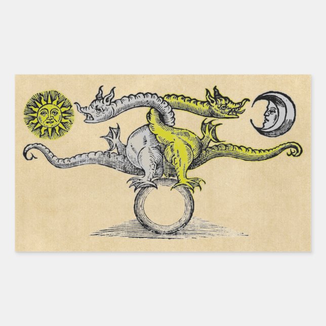 Pegatina Rectangular Símbolo de dragones dorados y plateados (Anverso)