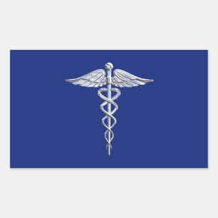 Pegatina Rectangular Símbolo médico cromado estilo Caduceus sobre azul