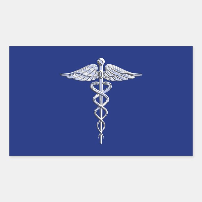 Pegatina Rectangular Símbolo médico cromado estilo Caduceus sobre azul  (Anverso)