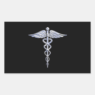 Pegatina Rectangular Símbolo médico de Caduceus sobre negro