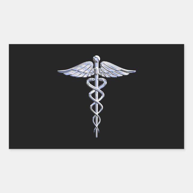 Pegatina Rectangular Símbolo médico de Caduceus sobre negro (Anverso)