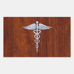 Pegatina Rectangular Símbolo médico plateado parecido a Caduceus Impres