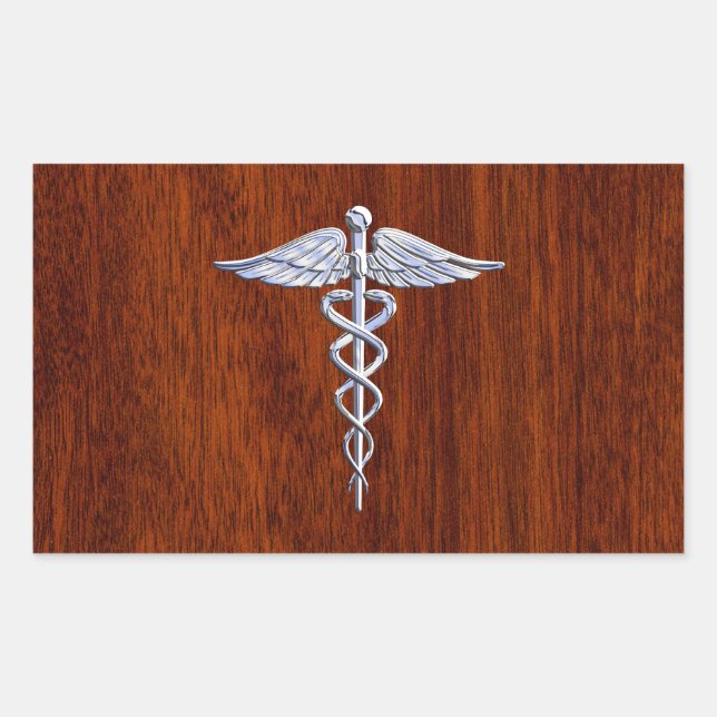 Pegatina Rectangular Símbolo médico plateado parecido a Caduceus Impres (Anverso)