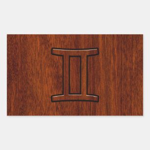 Pegatina Rectangular Símbolo moderno gemini zodiaco en caoba como impri
