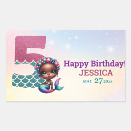 Pegatina Rectangular Sirena afroamericana 5° cumpleaños