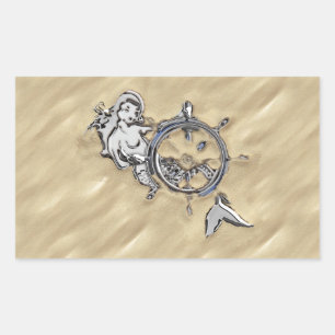 Pegatina Rectangular Sirena de plata en la arena