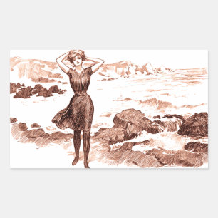 Pegatina Rectangular Sirena de playa Gibson Girl vintage Belleza de bañ