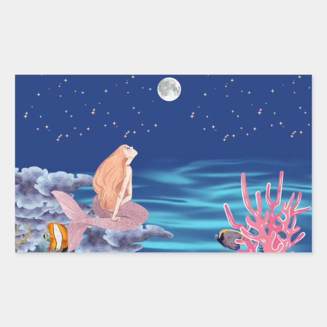 Pegatina Rectangular sirena mirando la luna (Anverso)