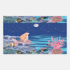 Pegatina Rectangular sirena mirando la luna