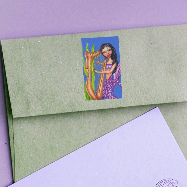 Pegatina Rectangular Sirena Morada Bonita De Cabello Oscuro Arpa Océano (Purple tail mermaid playing harp in seaweed on ocean blue stickers.)