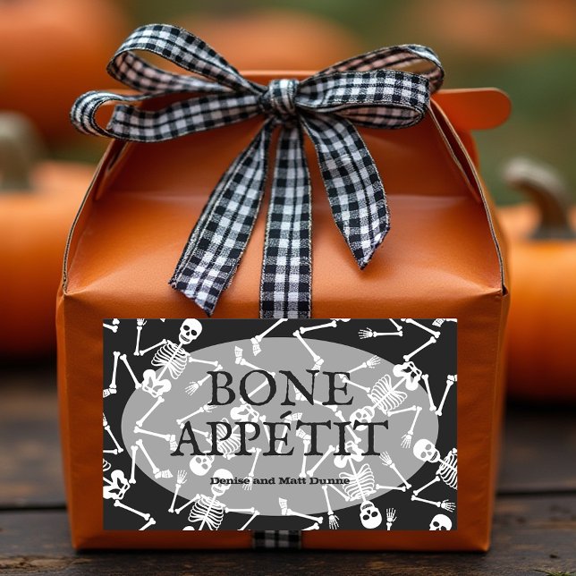Pegatina Rectangular Skeletons BONE APPÉTIT (BONE APPÉTIT personalized rectangular black stickers with dancing skeletons)