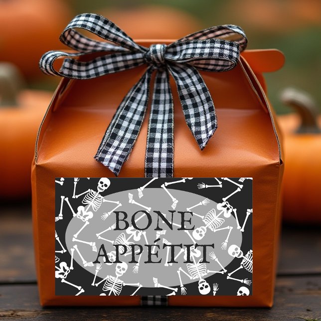 Pegatina Rectangular Skeletons BONE APPÉTIT (BONE APPÉTIT rectangular black stickers with dancing skeletons)