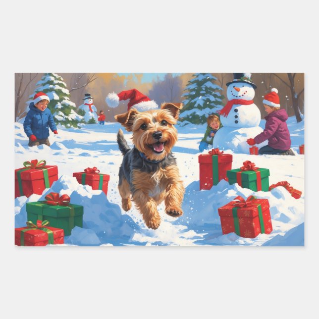 Pegatina Rectangular Skye Terrier corriendo en la nieve con sombrero de (Anverso)