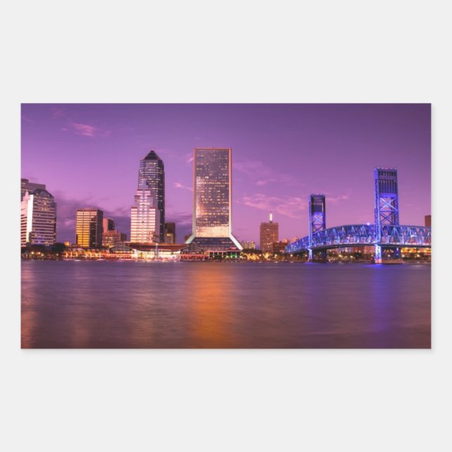 Pegatina Rectangular Skyline de Jacksonville Florida de noche (Anverso)