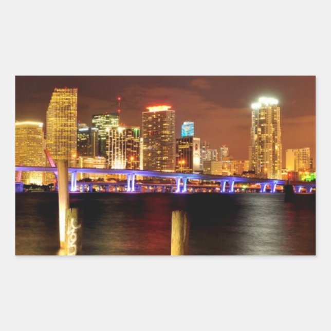 Pegatina Rectangular Skyline de Miami por la noche, Florida (Anverso)