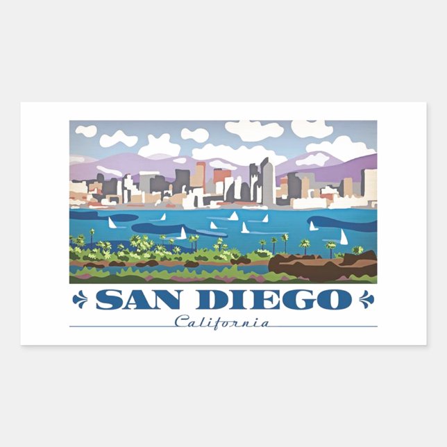 Pegatina Rectangular Skyline de San Diego (Anverso)