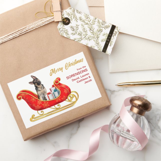 Pegatina Rectangular Sleigh, Navidades del Pastor Alemán (Regalar)