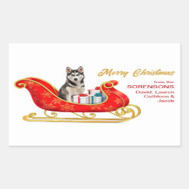 Pegatina Rectangular Sleigh, Navidades siberianos de Husky Dog