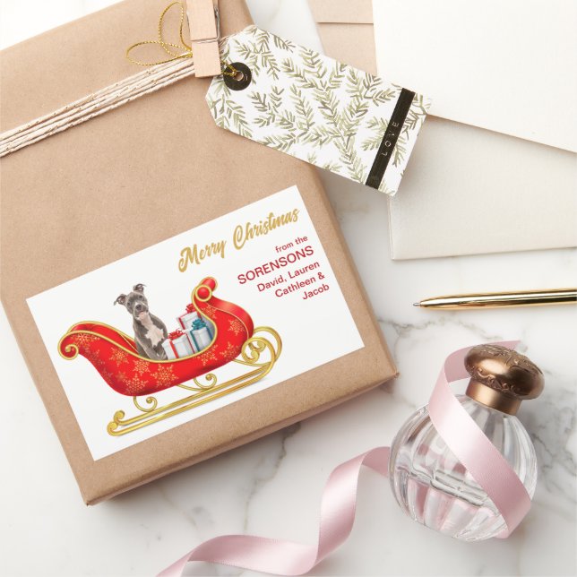 Pegatina Rectangular Sleigh, Navidades Terrier de Staffordshire (Regalar)
