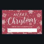 Pegatina Rectangular Snfall Merry Christmas Personalized Gift Tag<br><div class="desc">Añade un toque personal a tus dulces de vacaciones y regalos de Navidad con esta elegante etiqueta de regalo que incluye "Feliz Navidad" en fuentes dibujadas a mano y un patrón de copos de nieve. Personalizado con tu nombre. Personalizar que cambie el color de fondo para que coincida con tus...</div>