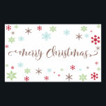 Pegatina Rectangular Snflake Whimsy Merry Christmas Brown Typography<br><div class="desc">¡Envíe sus saludos de Navidad con estilo! Con una paleta fresca y moderna de ambiente retro, se ha creado un diseño caprichoso para aquellos que aprecian las tendencias pero aprecian un sabor único. Las palabras "Feliz Navidad" se reproducen en una tipografía de caligrafía agitada, en castaño. Alrededor de las palabras...</div>