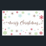 Pegatina Rectangular Snflake Whimsy Merry Christmas Brown Typography<br><div class="desc">¡Envíe sus saludos de Navidad con estilo! Con una paleta fresca y moderna de ambiente retro, se ha creado un diseño caprichoso para aquellos que aprecian las tendencias pero aprecian un sabor único. Las palabras "Feliz Navidad" se reproducen en una tipografía de caligrafía agitada, en castaño. Alrededor de las palabras...</div>