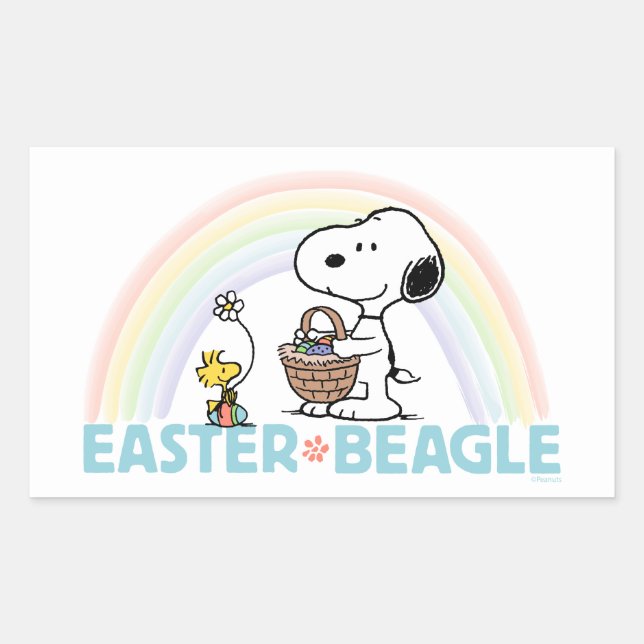 Pegatina Rectangular Snoopy & Woodstock - Beagle de Pascua (Anverso)