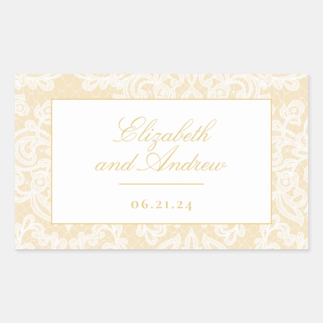 Pegatina Rectangular Sofisticada Boda Elegante de encaje dorado (Anverso)