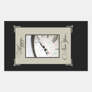 Pegatina Rectangular Sofisticado Fiesta de Nochevieja, Negro y Tan