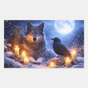 Pegatina Rectangular Solsticio de Invierno Lobo Búho y Cuervo Místico