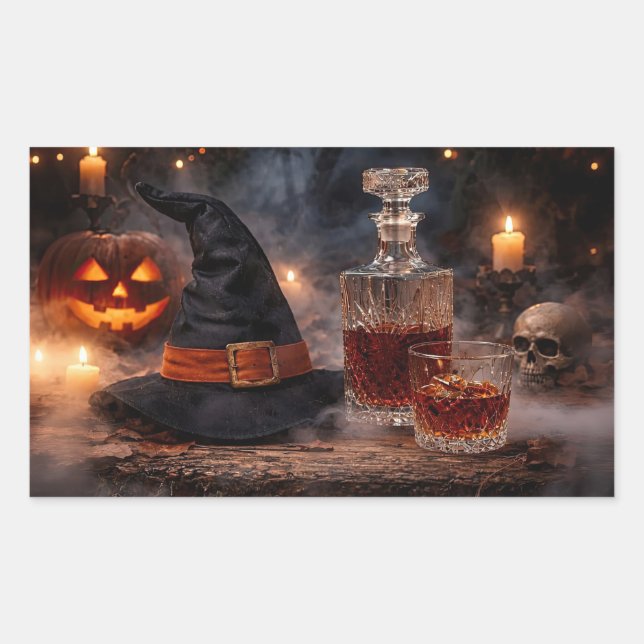 Pegatina Rectangular Sombrero de Bruja de Halloween y Whisky Místico (Anverso)