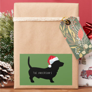 Pegatina Rectangular Sombrero de Santa Dachshund de Navidad Monograma