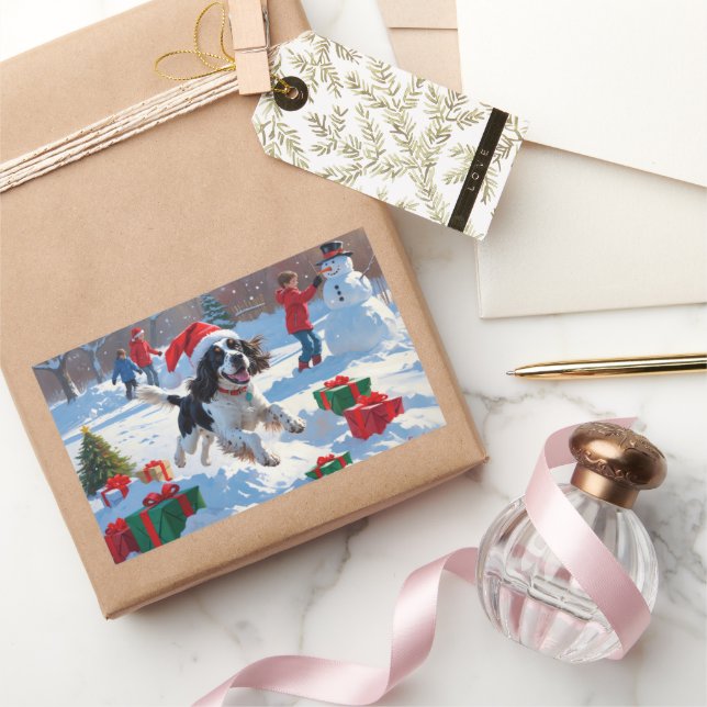 Pegatina Rectangular Springer Spaniel corriendo Nieve con Gorra de Navi (Regalar)