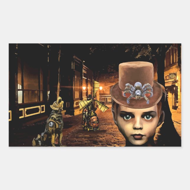 Pegatina Rectangular Steampunk Boy Y Robot Dog (Anverso)