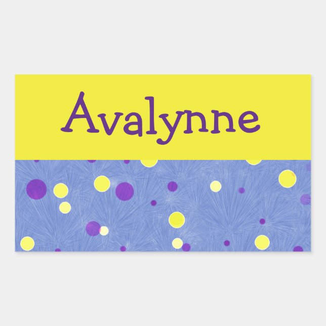 Pegatina Rectangular Su nombre con puntos amarillos y morados (Anverso)